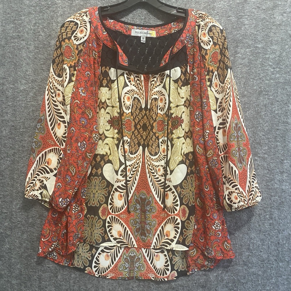 Figueroa and Flower Fig Top Womens M Paisley Floral Lace Hi Low Tie Boho Peasant